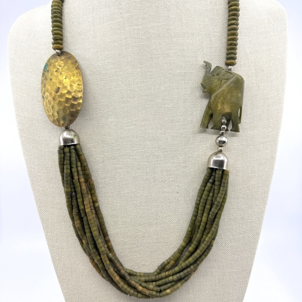 Boho Green Beaded Statement Necklace Elephant Charm Hammered Gold Tone Ethnic